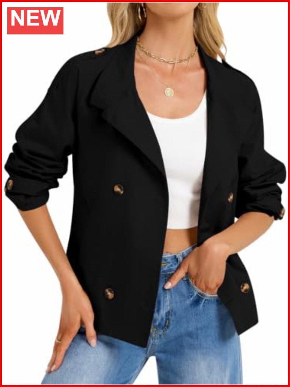 Womens Cropped Trench Coat Double Breasted Funnel Neck Belted Jacket